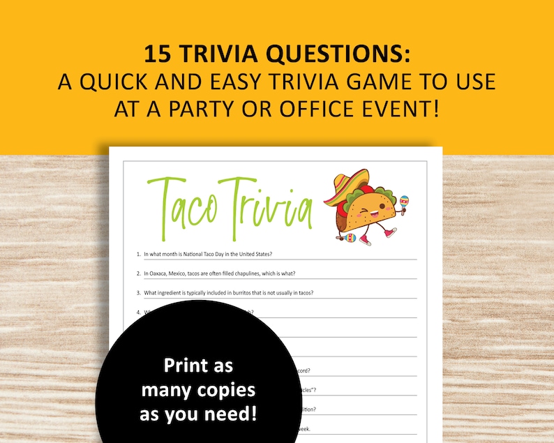 Taco Trivia Game, Tacos Printable, Instant Download, Party Games