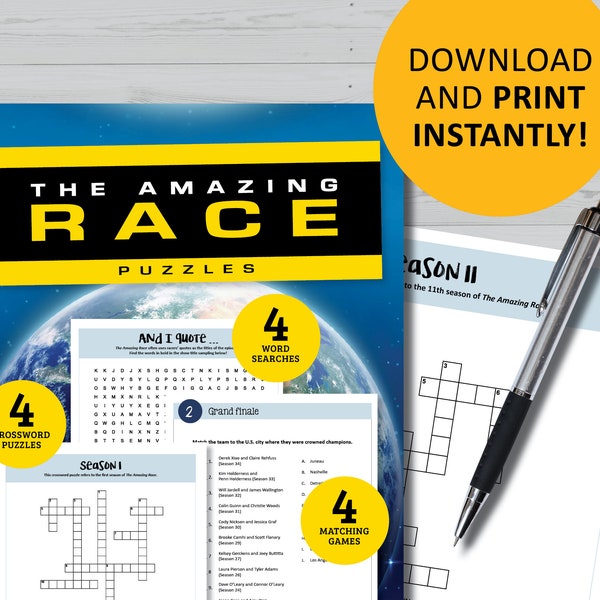 The Amazing Race game bundle, TV show puzzle printable, watch party, instant digital download, Phil Keoghan, word search, crossword