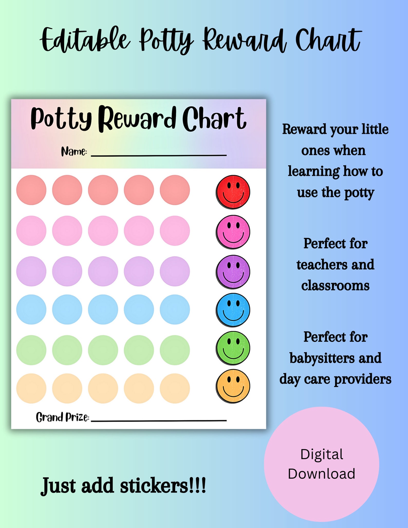 Editable Pottytraining Chart, Potty Training Chart, Sticker Chart