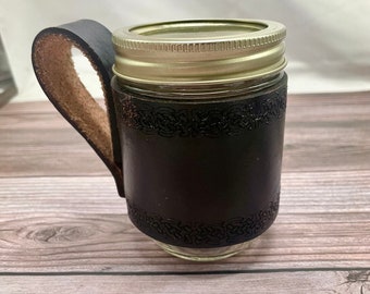 Leather Mason Jar Holster | Leather Mug Holder | Mason Jar Mug | Mason Jar Holder | Mason Jar Sleeve | Travel Mug | Leather Sleeve Mug Wrap