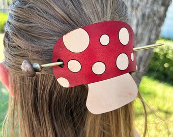 Mushroom Hair Stick & Slide – Brass Fairy Hair Pin for Bun, Fantasy and Woodland Accessory