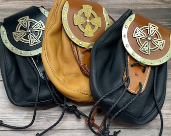 Celtic Cross Leather Sporran – Scottish Kilt Pouch, Viking Renaissance Belt Bag