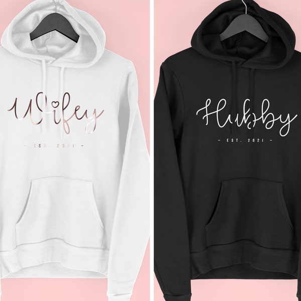 Wifey and Hubby Hoodies, Honeymoon Hoodies for Couples, Newlywed Hoodys, Just Married Hoodie, Personalised Wedding Gifts, By Mr Porkys™