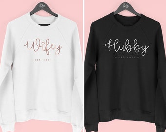 Wifey and Hubby Sweatshirts, Honeymoon Sweatshirts for Couples, Newlywed Jumper, Just Married Sweatshirts, Personalised Wedding Gifts