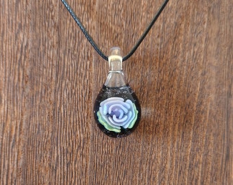 Blown Glass Rose Pendant [Light Blue Flower, Black Backing]