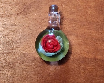 Blown Glass Rose Pendant [Red Flower, Green Backing]