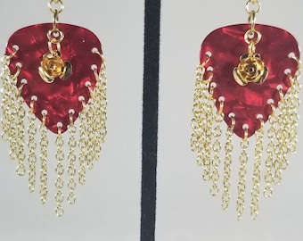 Guitar Pick Earrings - Red with Gold Rose Charm and Gold Chain