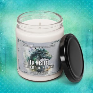 Dragon Scented Soy Candle 9oz, Mythical Creature Collection -10 Scents, Fantasy Home Decor, Gift for Mythology Lovers - Watercolor Dragon