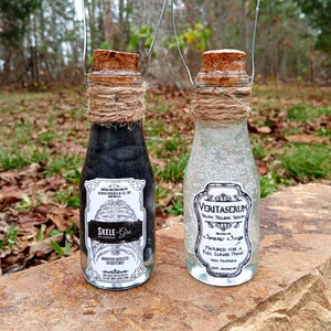 HP fandom wizarding potions, magical Christmas Ornaments.  Skele-gro and Veritaserum Perfect holiday decor to add a little magic to any home