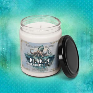Kraken Scented Soy Candle 9oz, Mythical Creature Collection, Fantasy Home Decor, Great Gift for Mythology Lovers, Watercolor Octopus Design