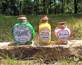 Wizarding HP fandom potions.  These magical decor pieces come in 3 styles: Polyjuice, Felix Felicis, & Amortentia.  Full sets discounted!