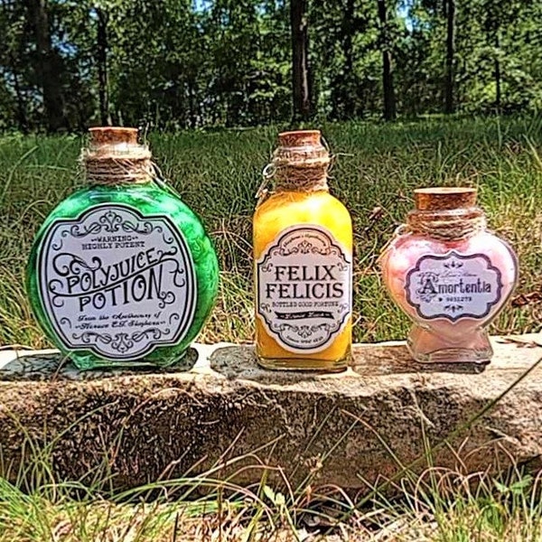Wizarding HP fandom potions.  These magical decor pieces come in 3 styles: Polyjuice, Felix Felicis, & Amortentia.  Full sets discounted!