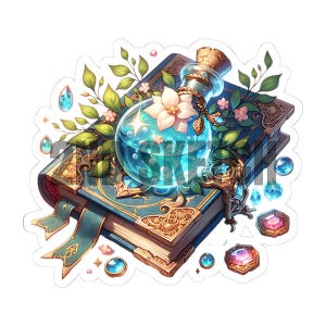May include: A sticker featuring a fantasy theme. A blue book with gold accents is topped with a glass bottle filled with blue liquid and a white flower. Green leaves and gemstones surround the bottle and book.