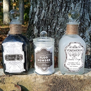Wizarding HP fandom potions. These magical decor pieces come in 3 styles:  Skele-gro, Veritaserum, & Floo Powder.  Full set discounted!