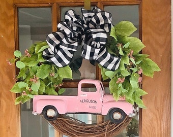 Pink Farm Truck, Pink Truck Wreath, Pink Truck Wreath, Metal Farm Truck, Front Door Wreath, Farmhouse Wreath, Spring Wreath