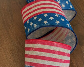 4” USA Continuous Vintage Flag Ribbon - American Flag Ribbon ~ Wired Ribbon ~ Patriotic Ribbon ~ 10 Yard Roll ~ FREE SHIPPING