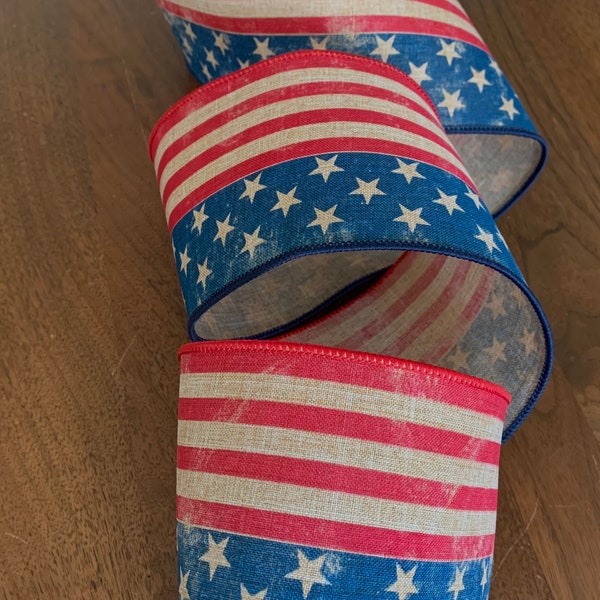 4” USA Continuous Vintage Flag Ribbon - American Flag Ribbon ~ Wired Ribbon ~ Patriotic Ribbon ~ 10 Yard Roll ~ FREE SHIPPING