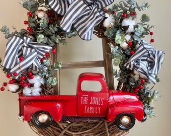 Farmhouse Wreath, Farm Truck Wreath, Year Farmhouse Wreath, Red Truck Wreath, Fall Wreath, Christmas Red Truck, Winter Wreath, Farmhouse