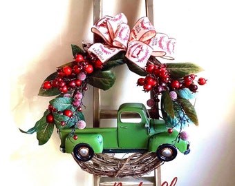 Green Truck Wreath | Farmhouse Truck Wreath | Truck Wreath | Rustic Truck Wreath | Front Door Wreath