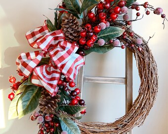 Everyday Front Door Wreath, Buffalo Plaid Wreath, Elegant Berry, Farmhouse Country Door Hanger, Year Round Wreath, Mothers Day Gift