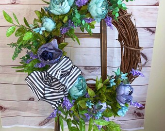 Peony Wreath, Light Blue/Green and Purple Peony Grapevine Wreath, Floral Door Wreath, Spring Wreath, Summer Wreath, Peony Door