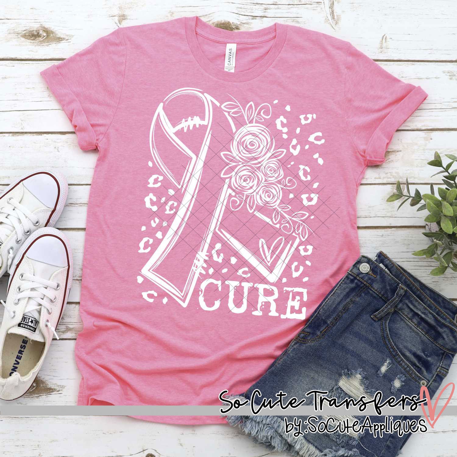 CURE ribbon with leopard screen print transfer, WHITE, t-shirt transfer--NOT a digital file-- Awareness ribbon transfer G-116