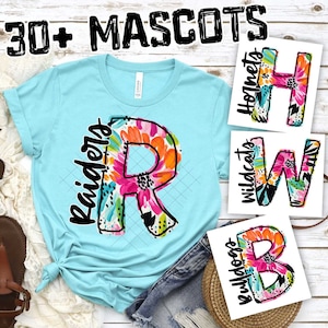 May include: A light blue t-shirt with a floral letter R and the word "Raiders" in black text. There are three additional images of floral letters with the words "Hornets", "Wildcats", and "Bulldogs" in black text.