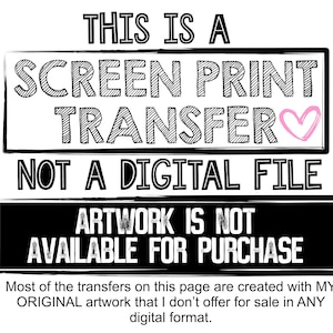 Puede incluir: Texto en blanco y negro sobre un fondo blanco que dice "Esto es una transferencia de serigraf&iacute;a, no un archivo digital. La obra de arte no est&aacute; disponible para su compra. La mayor&iacute;a de las transferencias en esta p&aacute;gina se crean con mi obra de arte original que no ofrezco a la venta en ning&uacute;n formato digital."