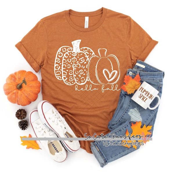 white hello fall DOUBLE PUMPKIN screen print transfer, t-shirt transfer, --NOT a digital file--, hello fall, Thanksgiving, fall, C-73