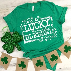 Lucky & Blessed LEOPARD FRAME screen print transfer, t-shirt transfer, St. Patrick's Day screen prints, Clover Screens J-134