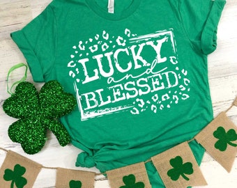 Lucky & Blessed LEOPARD FRAME screen print transfer, t-shirt transfer, St. Patrick's Day screen prints, Clover Screens J-134