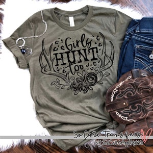 Girls hunt too leopard screen print transfer, t-shirt transfer, --NOT a digital file--, camping screen print, tent transfer D-174