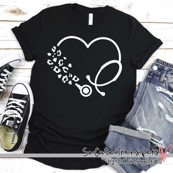 Leopard Stethoscope WHITE screen print, t-shirt transfer--NOT a digital file--Nurse screen print D-108