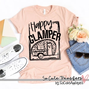 Happy Glamper BLACK screen print transfer, t-shirt transfer, --NOT a digital file--, camping screen print, tent transfer, B-71