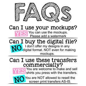 Op de afbeelding: Een grafiek met het woord "FAQs" in grote, handgeschreven zwarte letters. De grafiek beantwoordt drie vragen over het gebruik van mockups, het kopen van digitale bestanden en het commercieel gebruiken van transfers. De antwoorden zijn "JA" of "NEE" met extra tekst die het antwoord uitlegt.