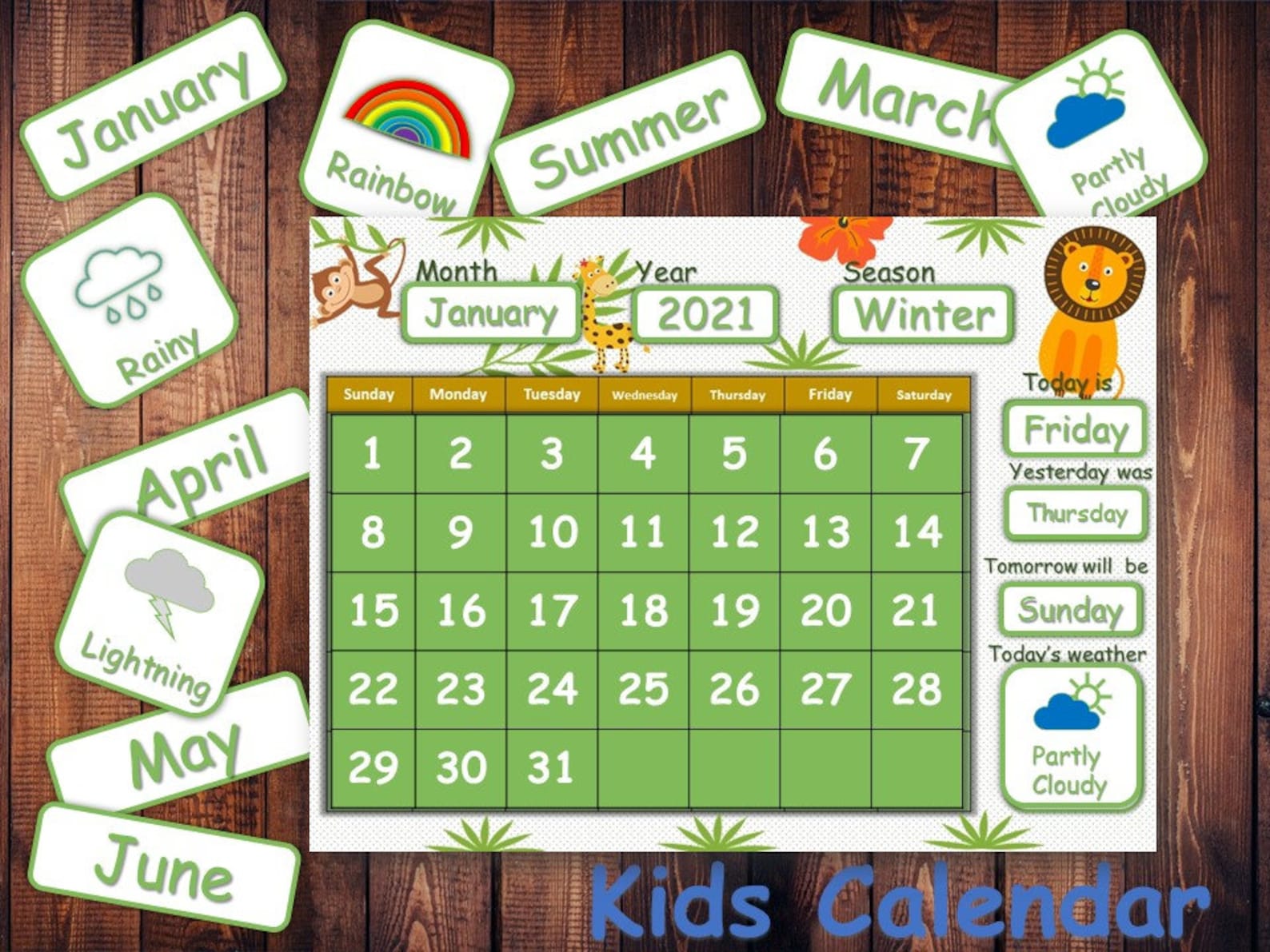 Kids Calendar Printable Classroom Calendar Board Jungle Theme Kids ...