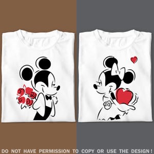 Disney Matching Couple Shirts, Mickey Holding Flowers and Minnie Holding Heart, Cute His & Hers Disney Tees - Romantic Disney Gift