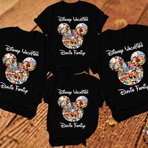 Disney Vacation 2025 Shirts – Custom Family Name Tees with Mickey Head Full of Characters – Matching Family Trip T-Shirts