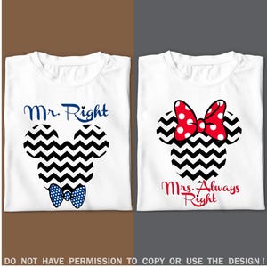 Disney Paar T-Shirts – Micky Ohren "Mr. Right" und Minnie ""Mrs. Immer Right"" – passende lustige His&Hers T-Shirts, süßes Geschenk für Paare."