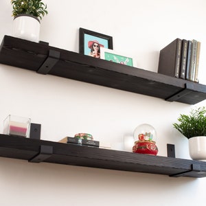 Black Wooden Shelf with Industrial Metal Brackets Custom Size Floating Shelf Shelf with Flat Bracket Heavy Duty Shelf Rustic Shelf image 1