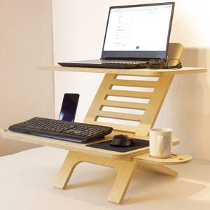 Adjustable Wood Laptop Stand Standing Desk Converter Workstation Deskstand Birch Plywood Tabletop Handmade Gift for Teacher image 2