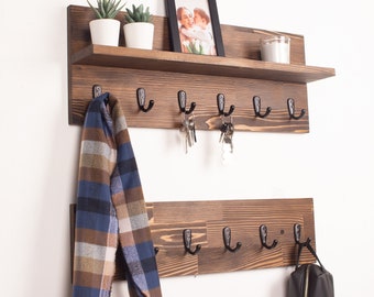 Coat Rack with Shelf | Floating Shelf Entryway Organizer Towel Rack Key Holder Leash Holder Key Hooks Wall Mounted Bag Holder Rustic Wooden