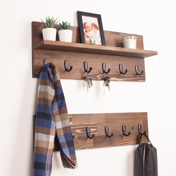 Coat Rack with Shelf | Floating Shelf Entryway Organizer Towel Rack Key Holder Leash Holder Key Hooks Wall Mounted Bag Holder Rustic Wooden