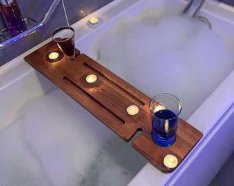 Bandeja de bañera, bandeja de bañera de madera hecha a mano, caddy de baño, bandeja de baño, caddy de bandeja de baño con soporte para copa de vino, caddy de bañera, estante de bañera