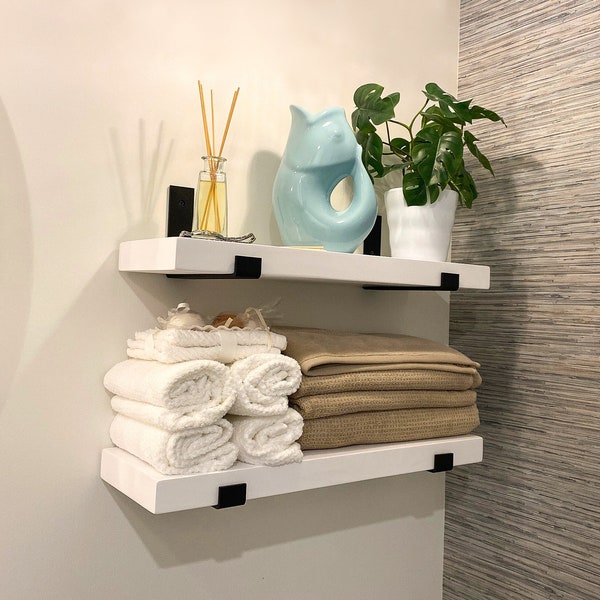 White Wooden Shelf with Industrial Metal Brackets | Custom Size Floating Shelf | Shelf with Flat Bracket | Heavy Duty Shelf | Rustic Shelf