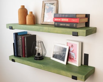 Green Farmhouse Shelf with Industrial Metal Brackets | Shelf with J Bracket | Custom Size Floating Shelf | Heavy Duty Shelf |