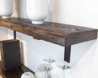 Farmhouse Shelf with Industrial Metal Brackets | Custom Size Floating Shelf | Shelf with Flat Bracket | Heavy Duty Shelf | Rustic Shelf