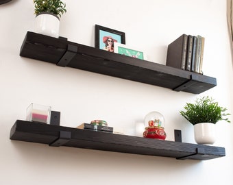 Black Wooden Shelf with Industrial Metal Brackets | Custom Size Floating Shelf | Shelf with Flat Bracket | Heavy Duty Shelf | Rustic Shelf