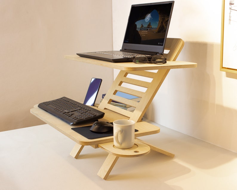 Adjustable Wood Laptop Stand Standing Desk Converter Workstation Deskstand Birch Plywood Tabletop Handmade Gift for Teacher image 3