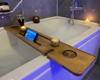 Holz Badewannenablage, Badewannenablage, handgefertigte Wannenablage, Badeablage, Badeablage Caddy mit Weinglashalter, Badewannenablage, Badewannenablage